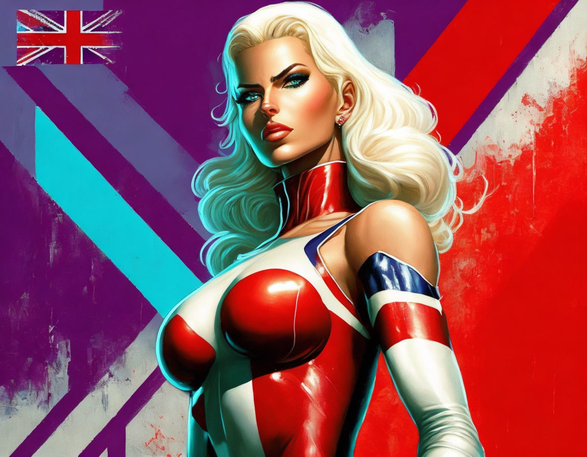 Stylized female superhero in British-flag-themed costume with vibrant colors