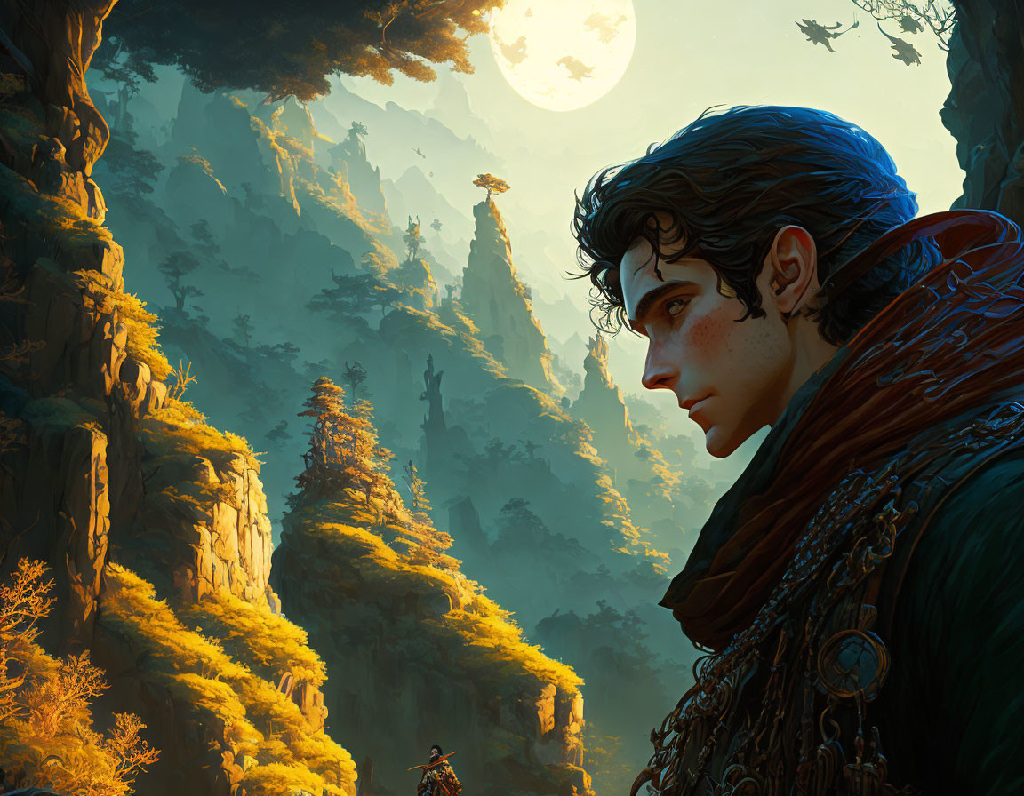 Dark-Haired Young Man Contemplating Mystical Forest at Night