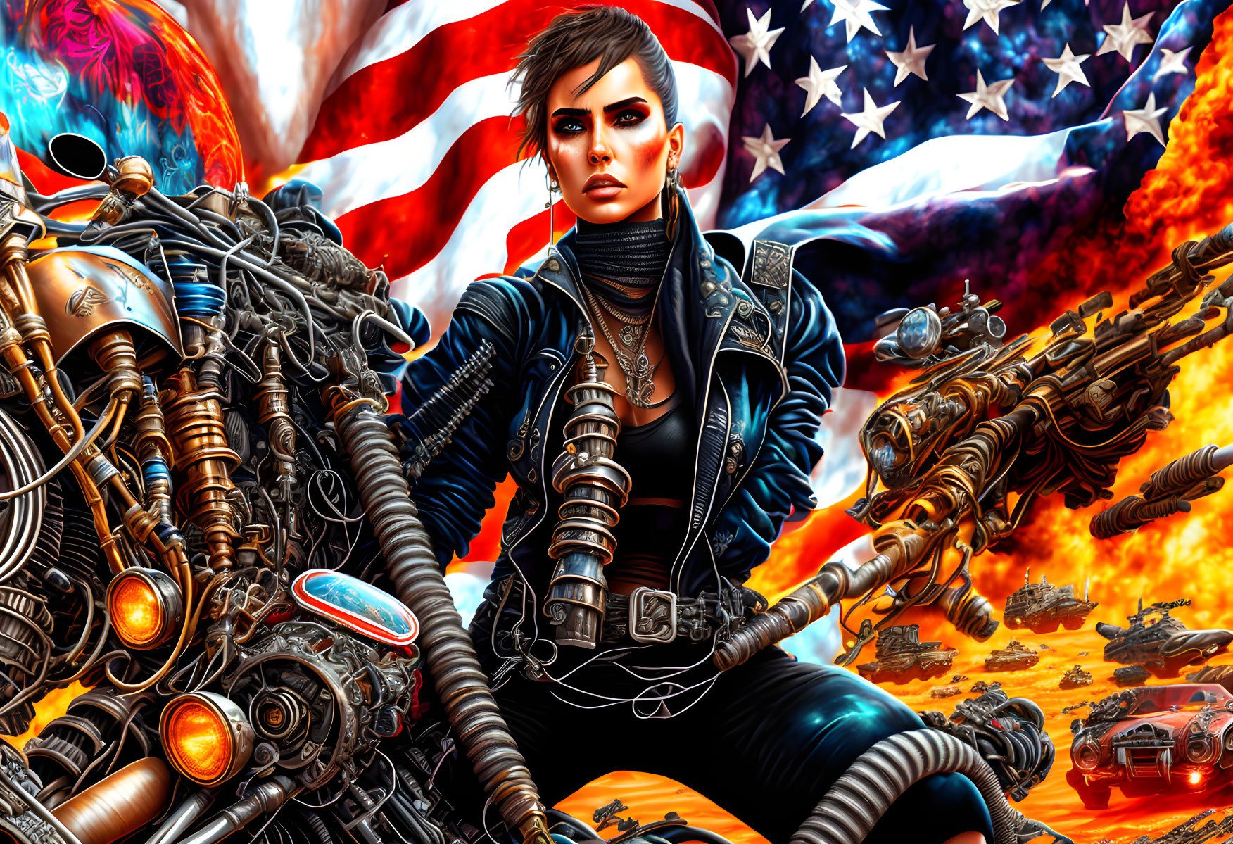 Woman in leather jacket on motorcycle amidst explosions and American flag