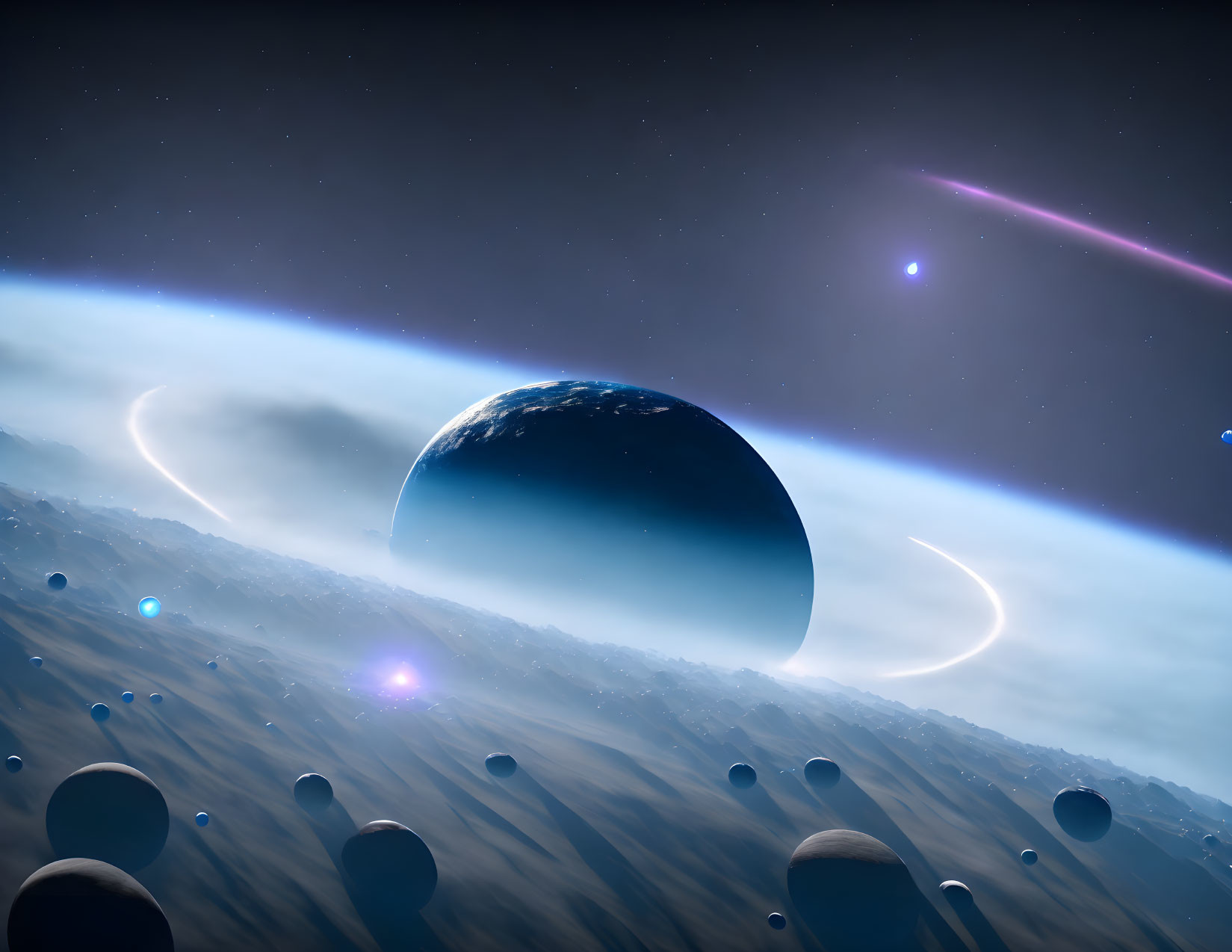 Large Planet Rising Over Barren Terrain in Surreal Space Landscape