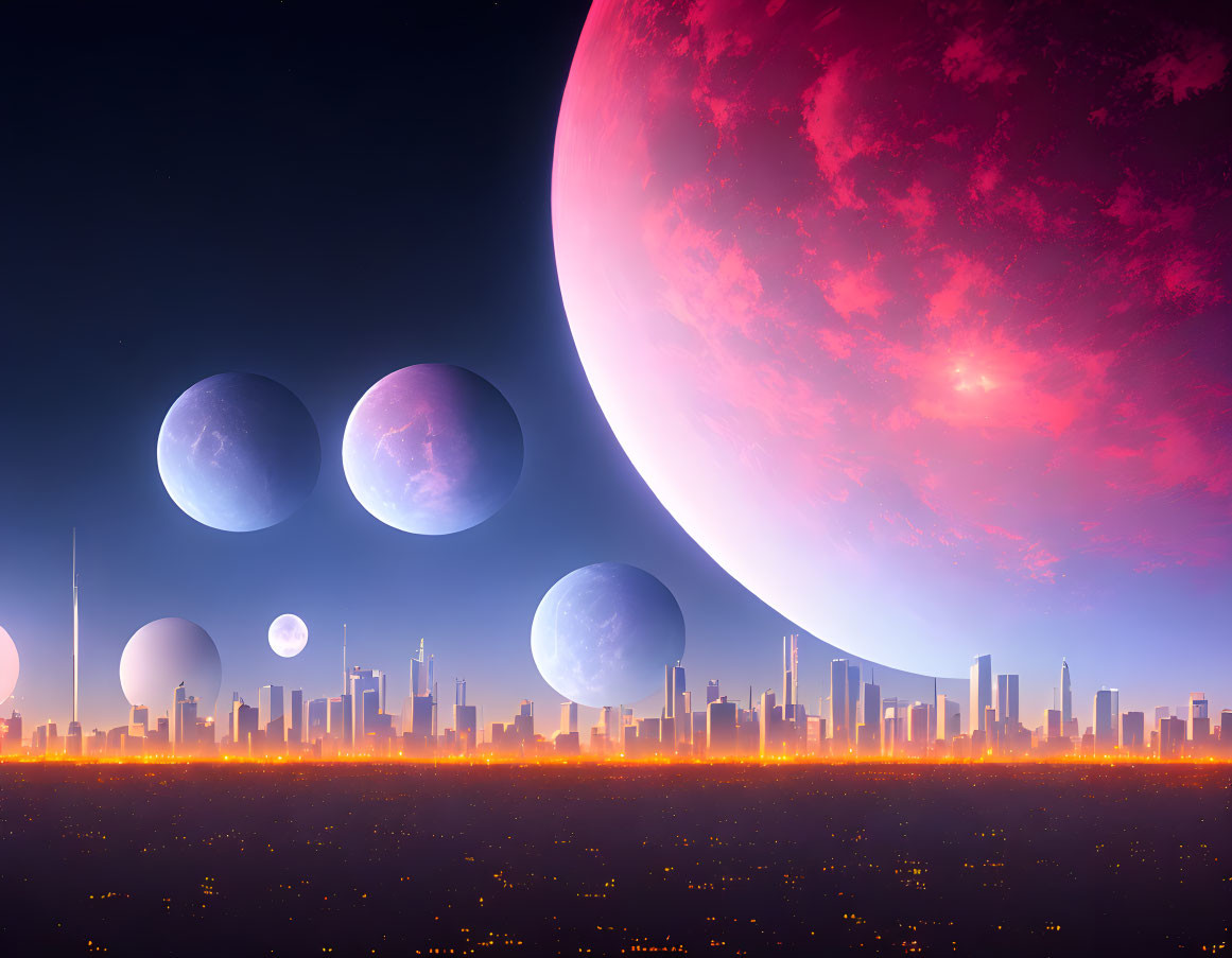 Futuristic city skyline with surreal planets in orange and blue dusk.