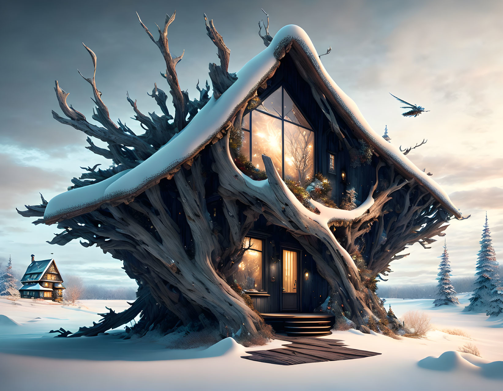 Snow-covered treehouse with dragon in winter sky and distant cabin.