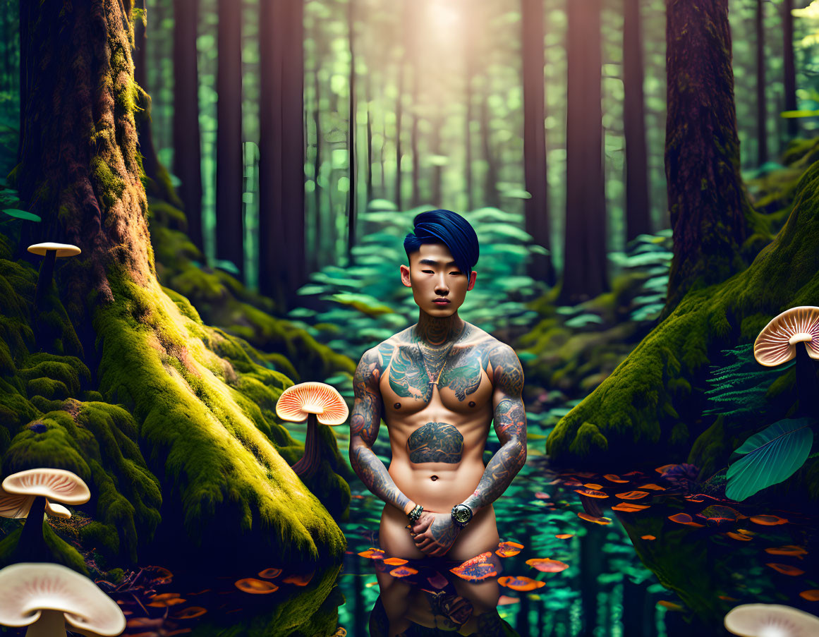 Tattooed person meditating in mystical forest with sun rays and mushrooms