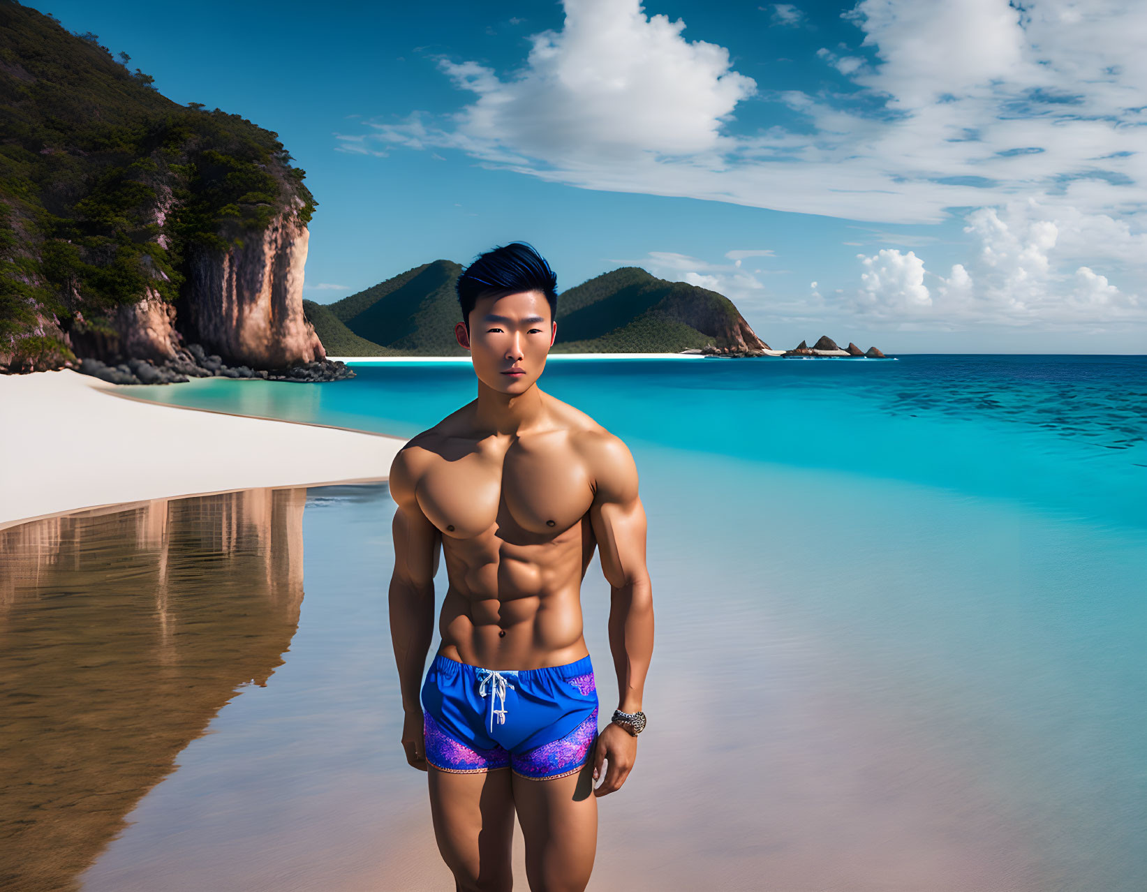 Shirtless man in blue swim trunks by clear blue sea