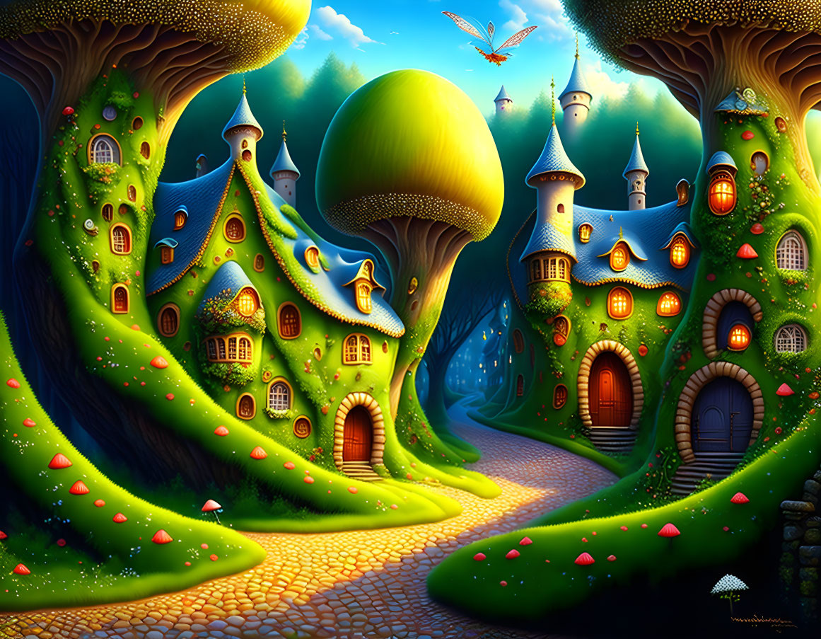 Fantasy landscape at dusk: mushroom houses, cobblestone paths, lush greenery