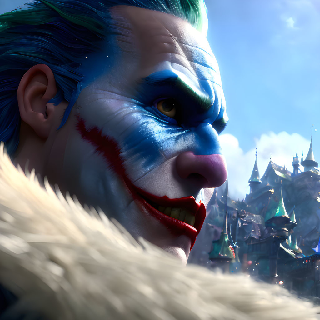 Person in vibrant clown makeup with sinister smile in front of fantasy castle.