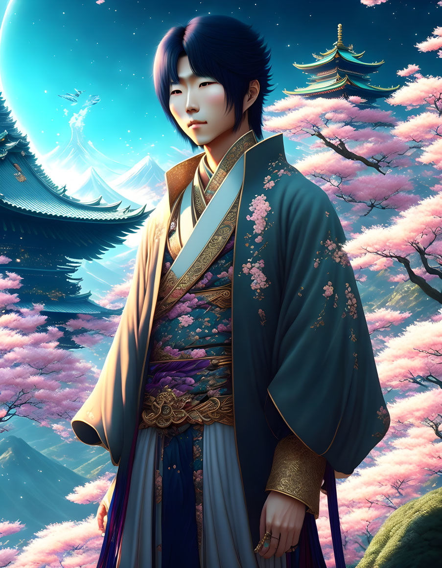 Digital illustration of person in traditional attire with cherry blossoms, pagodas, starry sky,