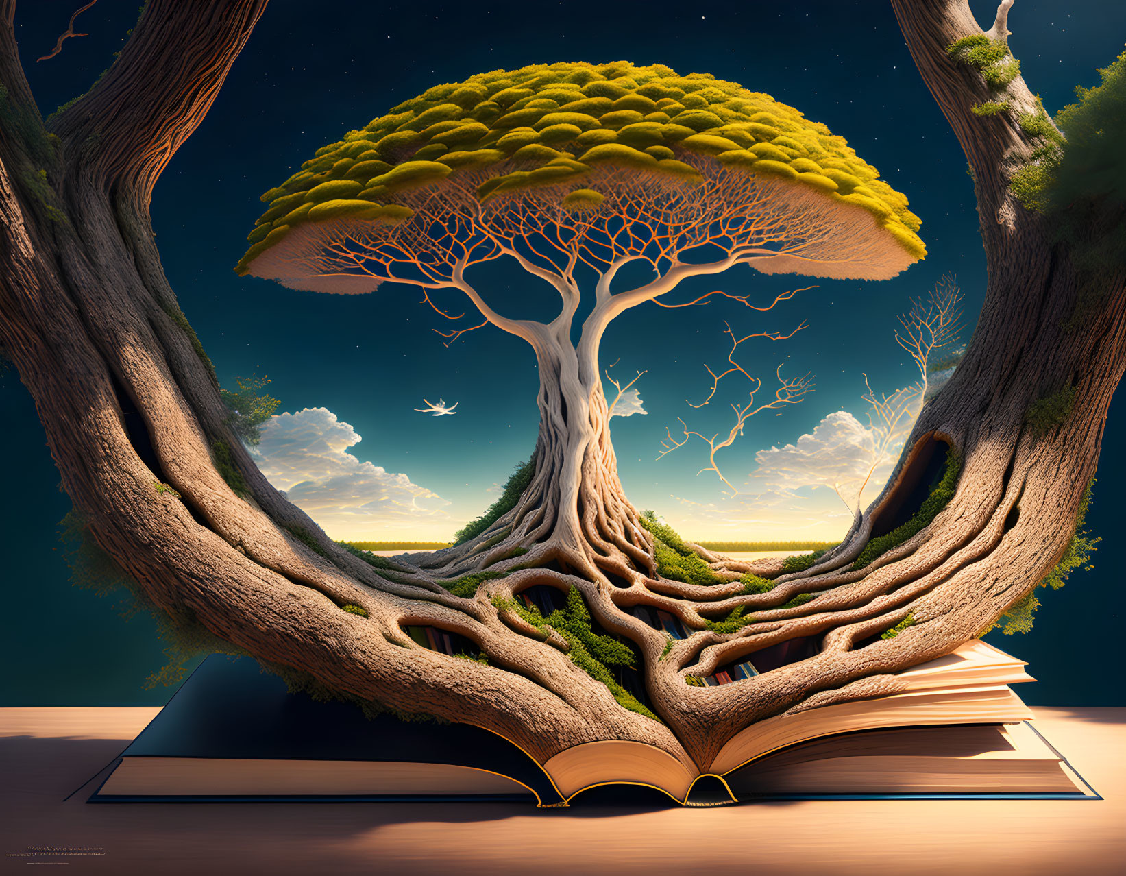 Open book transforms into vibrant tree against twilight sky with bird.