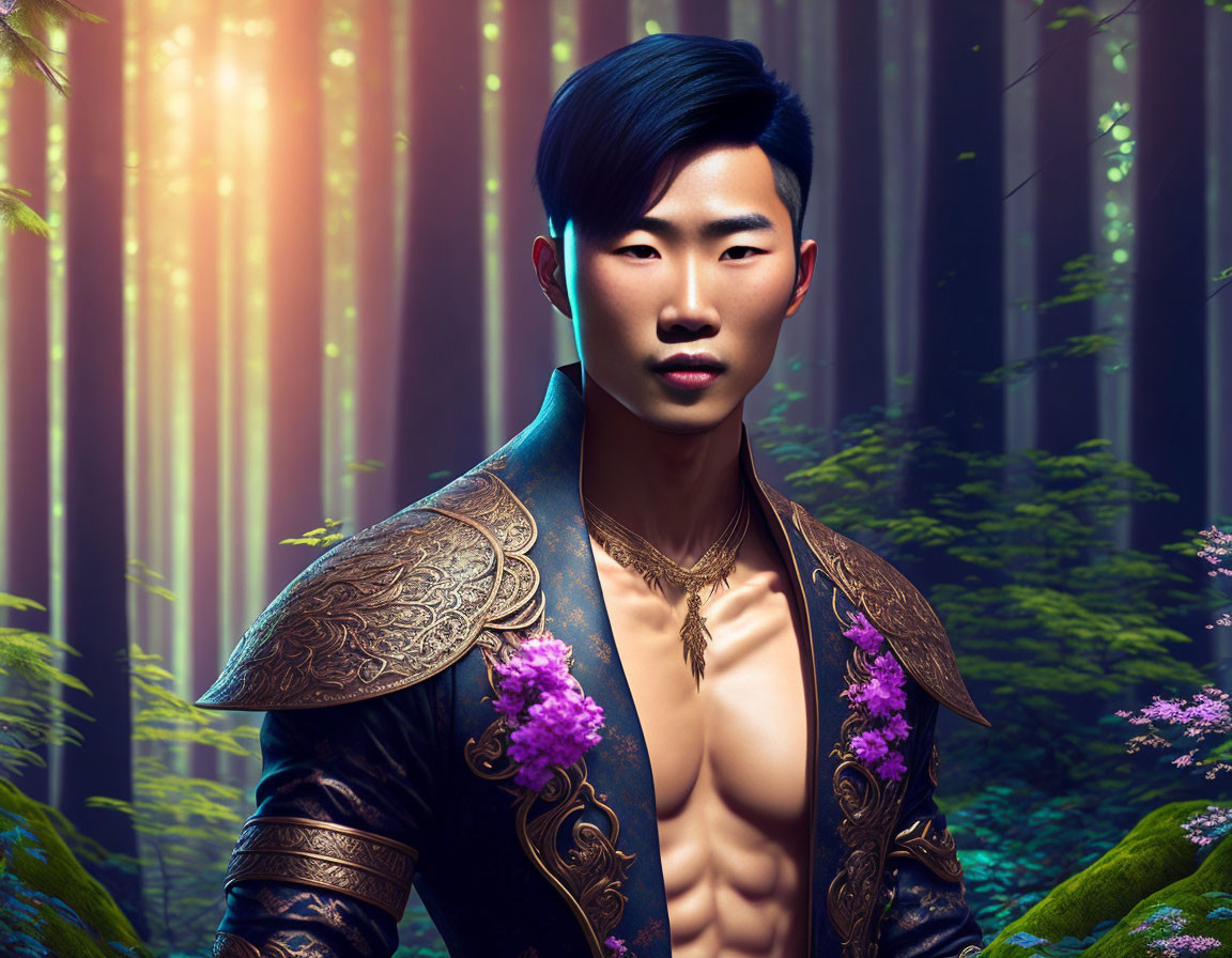 Man with Styled Hairdo in Sunlit Forest Wearing Ornate Jacket and Purple Flowers