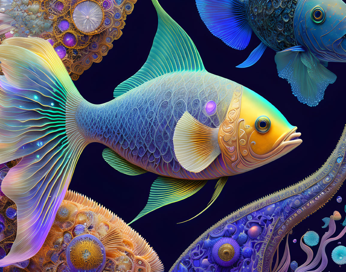 Colorful stylized fish artwork with intricate patterns and marine backdrop