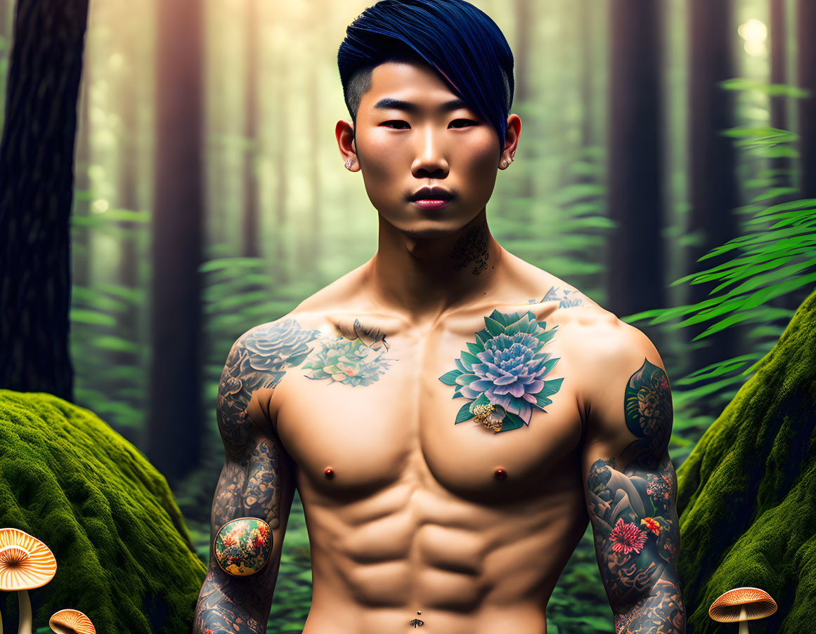 Tattooed shirtless man in forest with mossy rocks and ferns