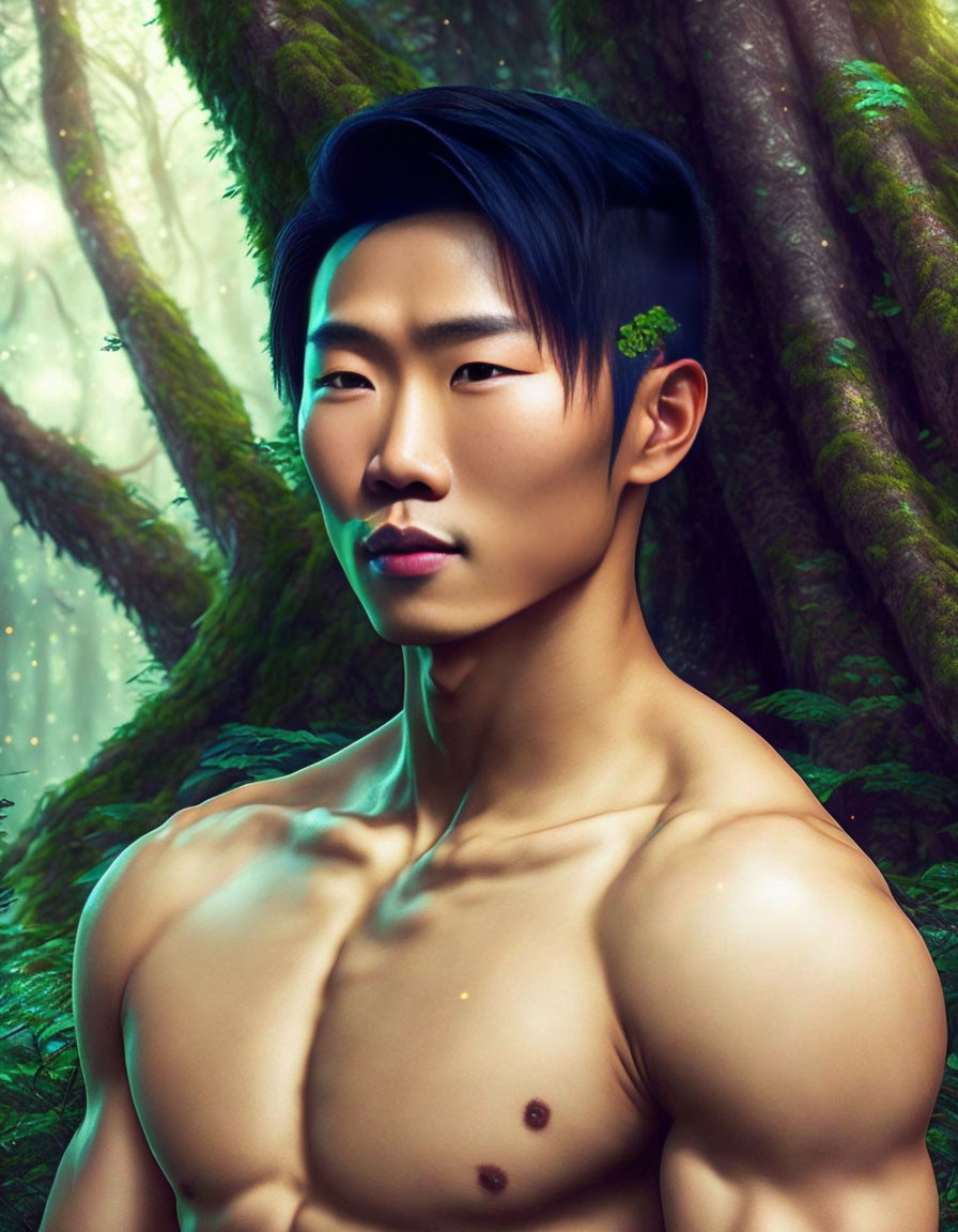 Blue-haired shirtless male in mystical forest with toned muscles and green plant on temple