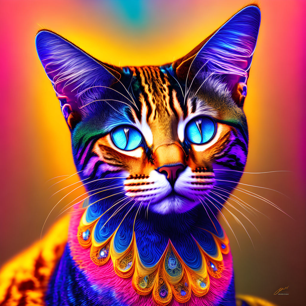 Colorful Digital Art: Exaggerated Cat with Blue Eyes