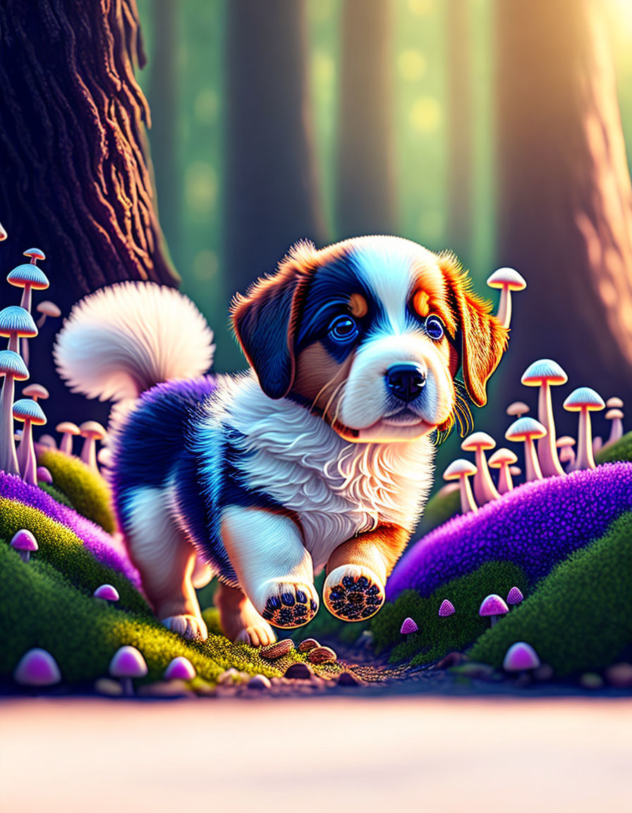 Cartoon Puppy Surrounded by Mushrooms and Greenery