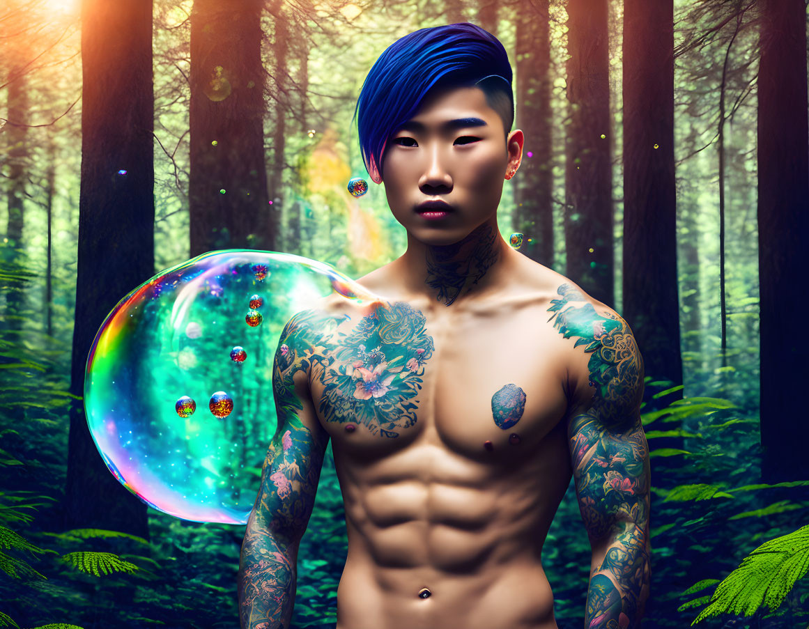 Shirtless man with blue hair blows colorful bubble in forest