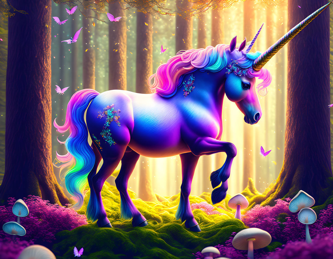 Colorful Purple Unicorn in Enchanted Forest with Rainbow Mane