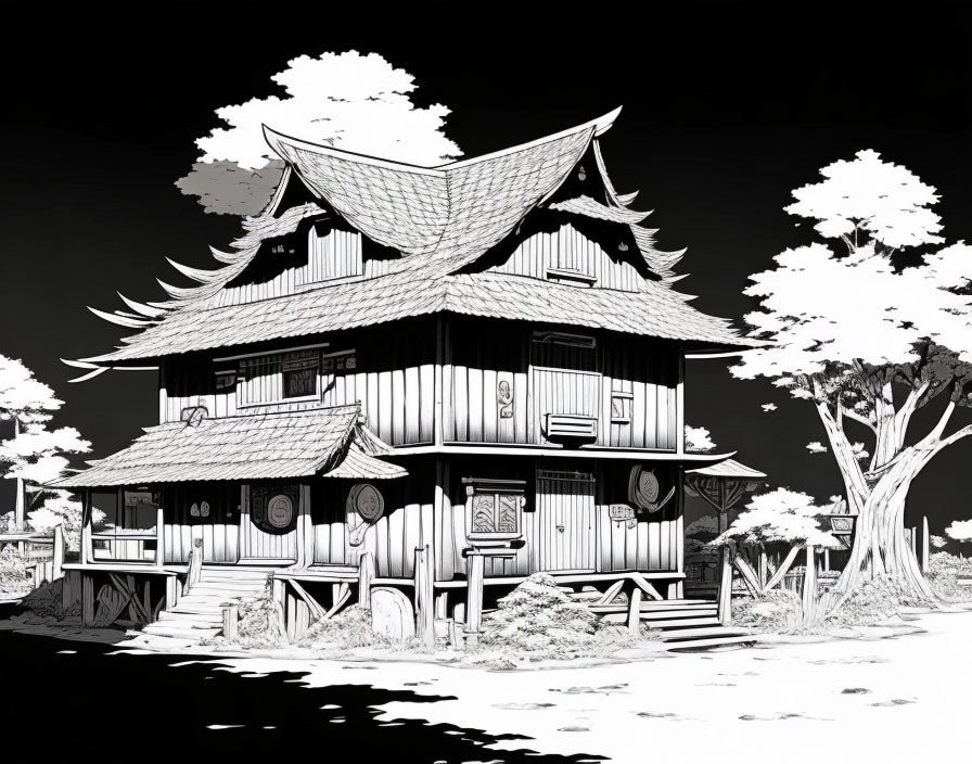 Traditional Two-Story Japanese House Surrounded by Trees in Black-and-White Illustration