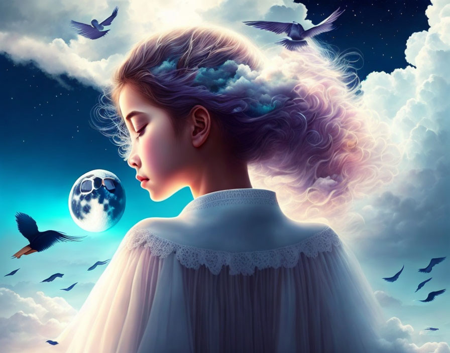 Digital Art: Woman with Sky Hair, Birds, Moon, Twilight Sky