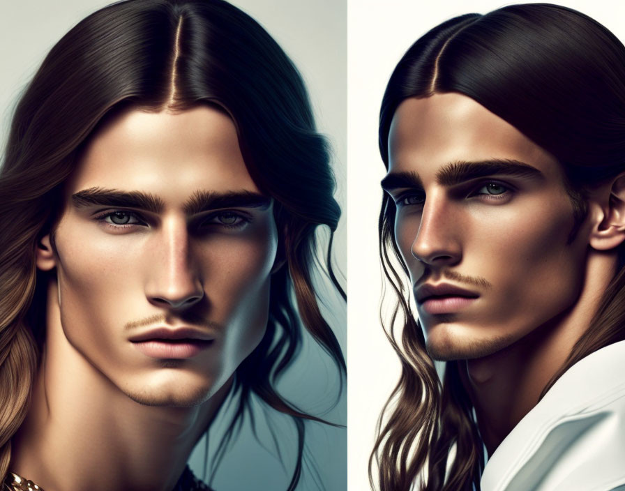 Two male faces with long brown hair, one straight, one wavy