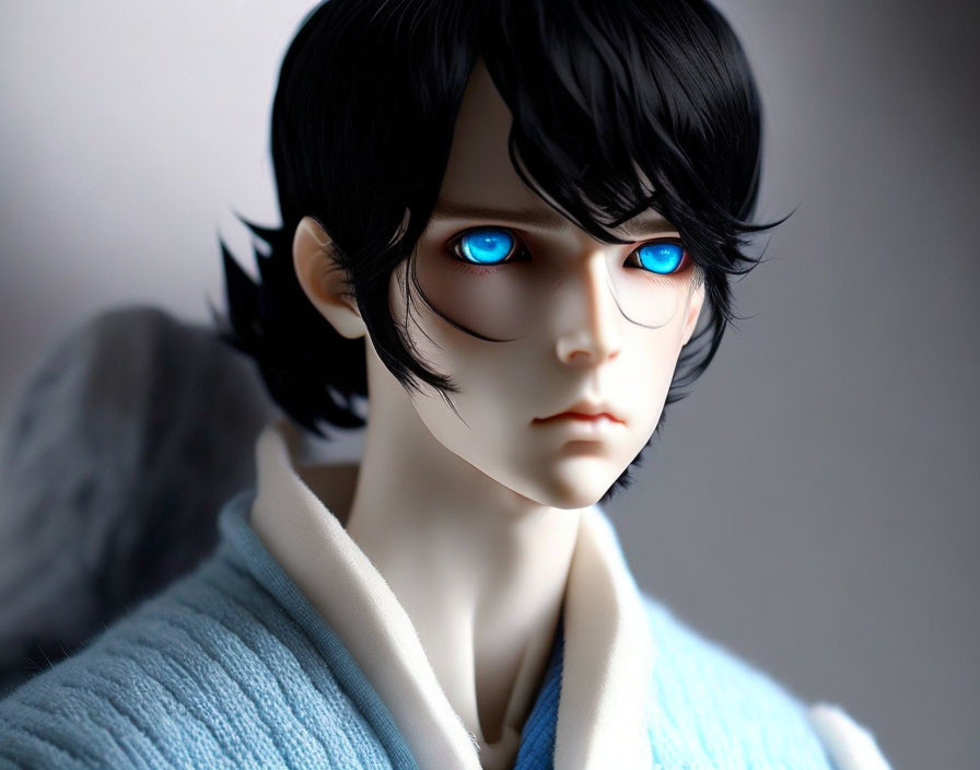 Detailed Figure with Vibrant Blue Eyes and Black Hair in Pale Blue Top