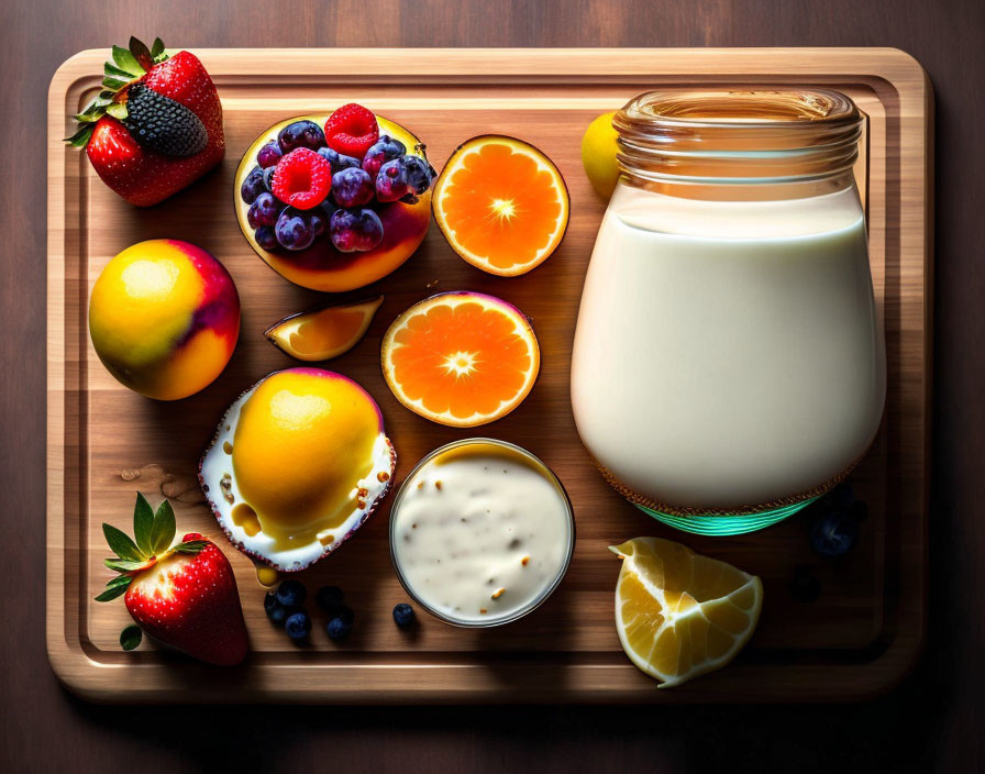 Assorted fresh fruits and milk jar on wooden tray with warm light