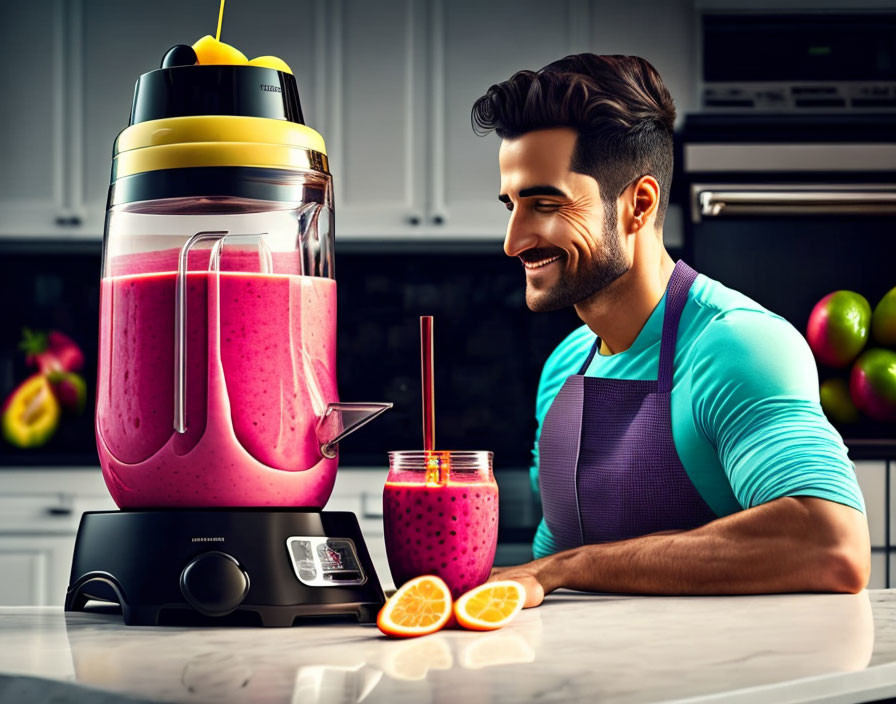 Man in teal apron with pink smoothie and dragon fruit on counter