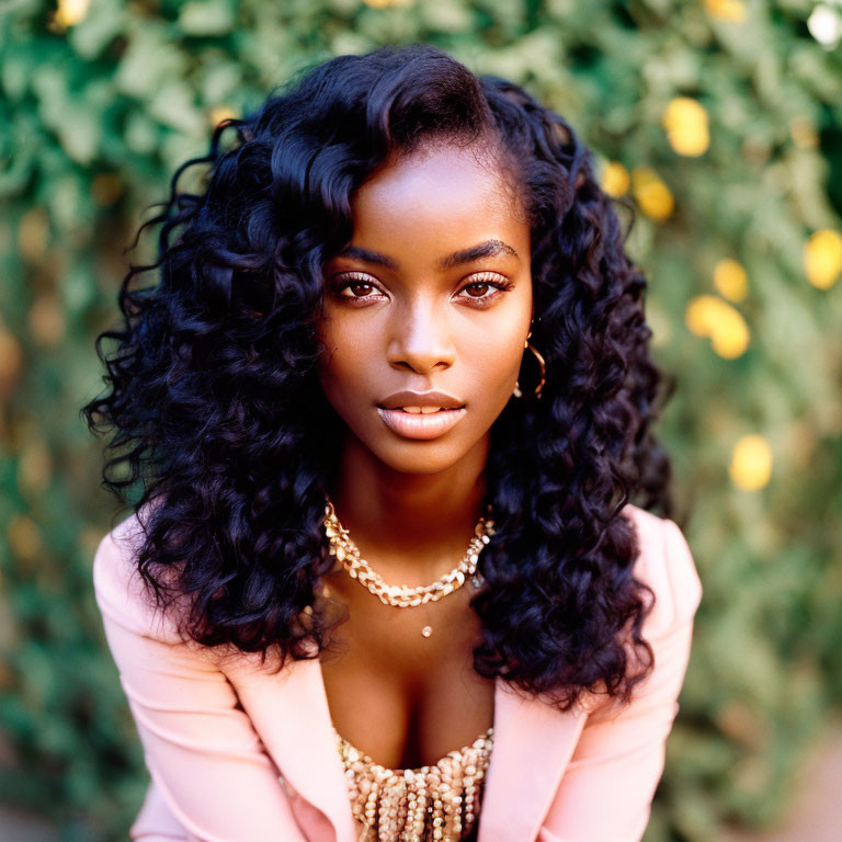 Dark Curly-Haired Woman in Pink Blazer with Gold Jewelry on Leafy Green Background