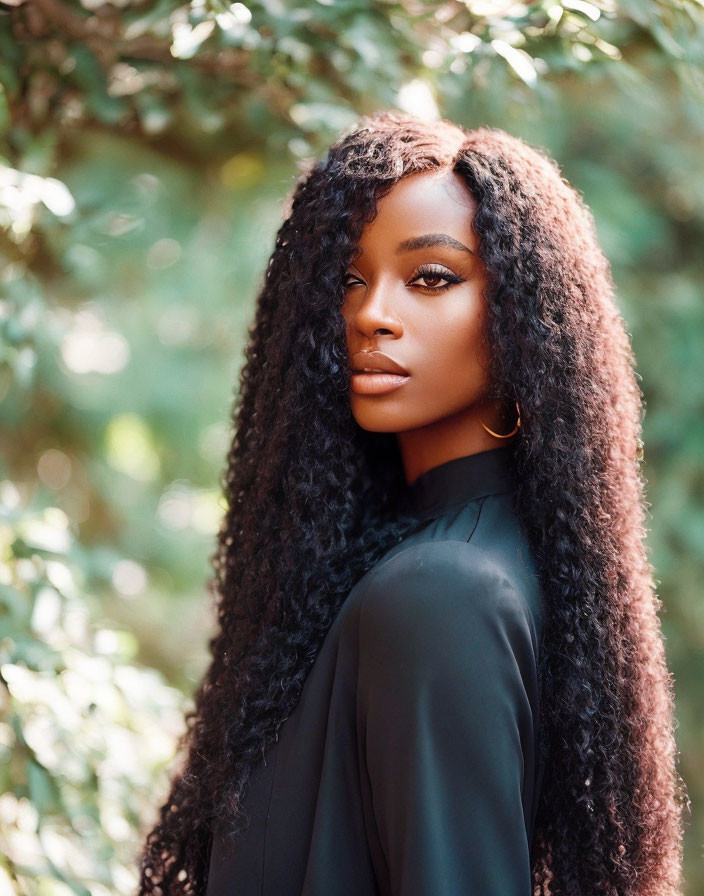 Woman with long curly hair and striking makeup outdoors with green foliage background wearing black top