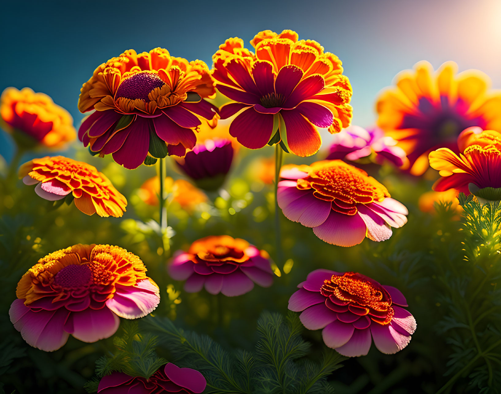 Bright Marigold Flowers Under Sunlight on Blue Sky