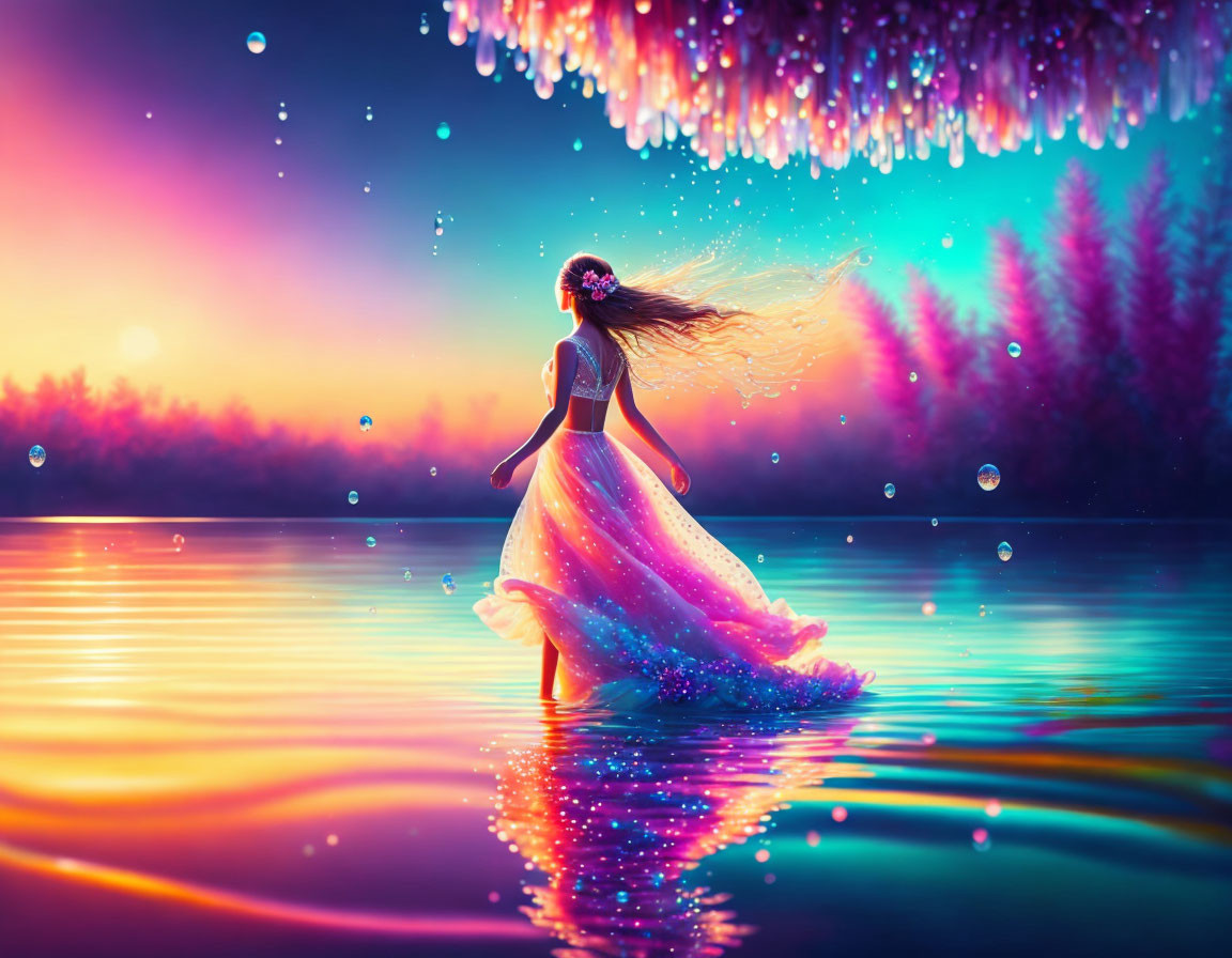 Glowing dress woman walking on water in surreal landscape