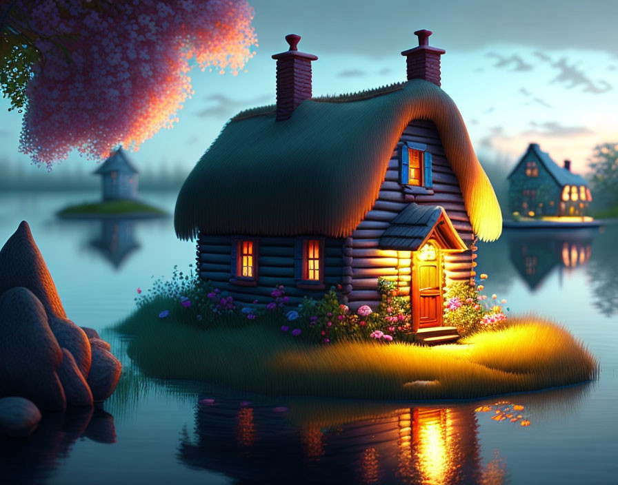 Cozy thatched cottage on small island at night