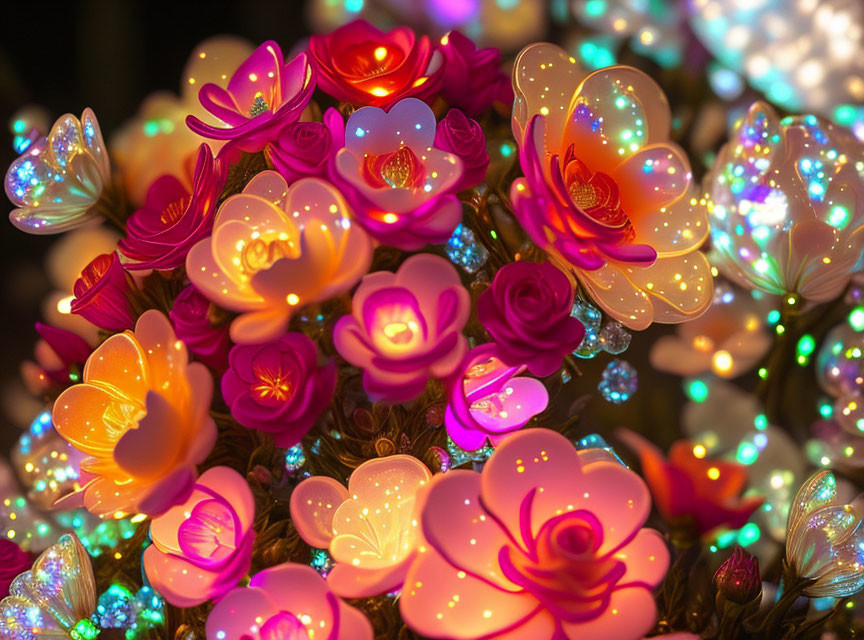 Colorful Illuminated Artificial Flowers Creating Festive Bokeh Effect