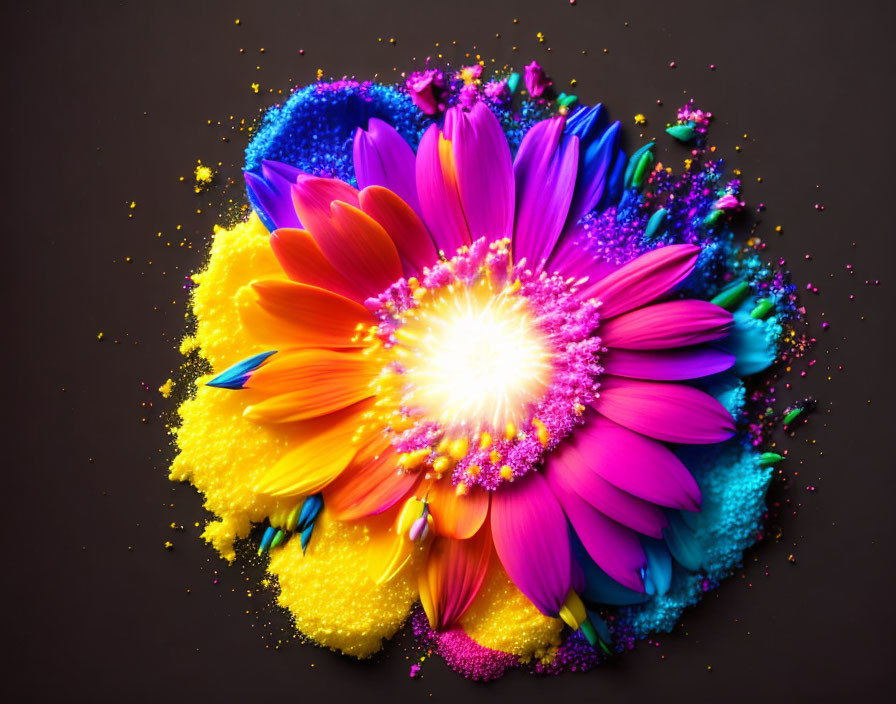 Colorful Blooming Flower Surrounded by Paint Splashes on Dark Background