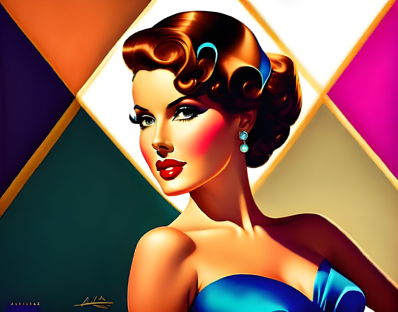 Vibrant pop art portrait of a woman in blue dress and vintage hairstyle