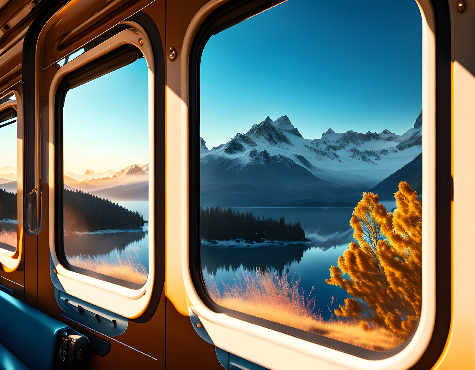 Serene lake, lush trees, and snow-capped mountains view from train window