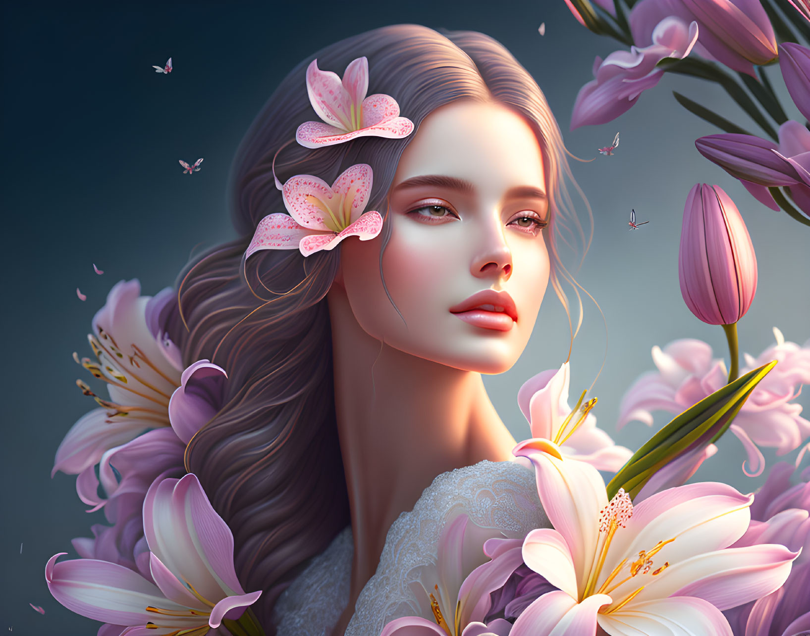 Serene woman with pink lilies, flowers, and butterflies in dusk scene