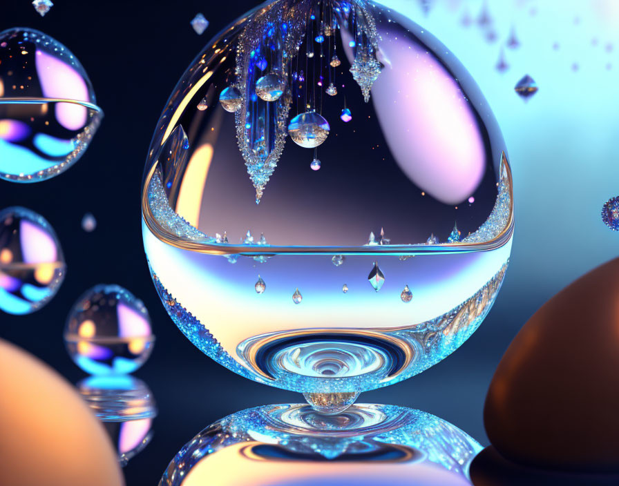 Shiny liquid spheres with intricate water droplet patterns on soft backdrop