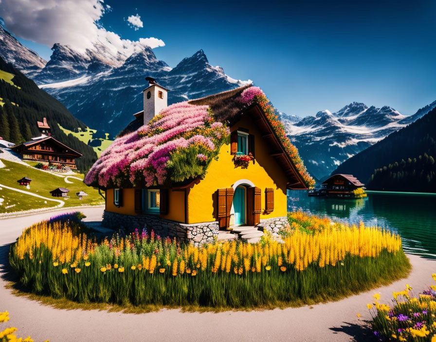 Vibrant flower-covered roof on charming house in mountain landscape