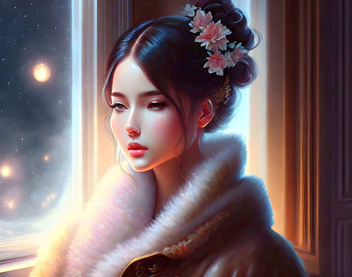 Digital artwork: Woman in traditional attire gazing at starry night through window