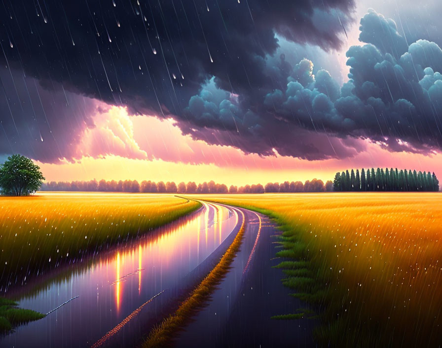 Scenic landscape: winding road in rain under dramatic sunset