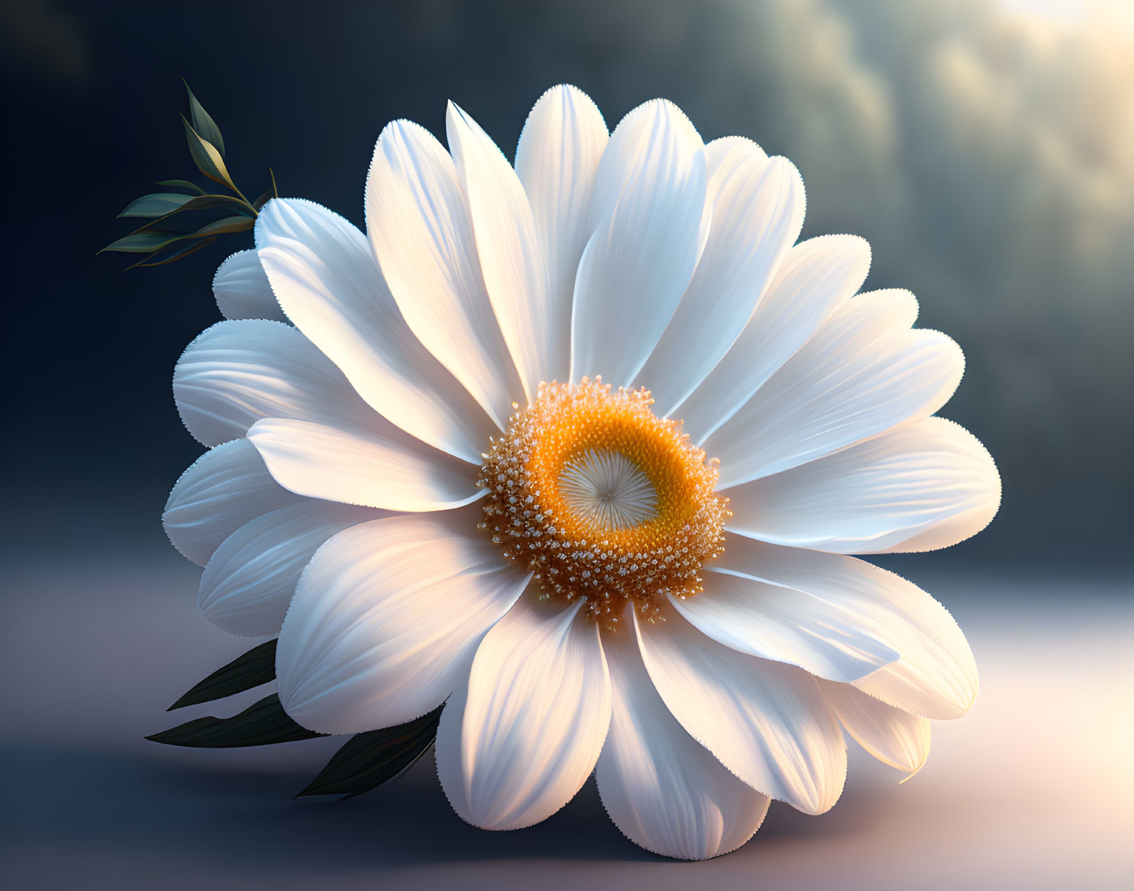 Close-up White Daisy with Golden Center on Soft Light and Dark Clouds