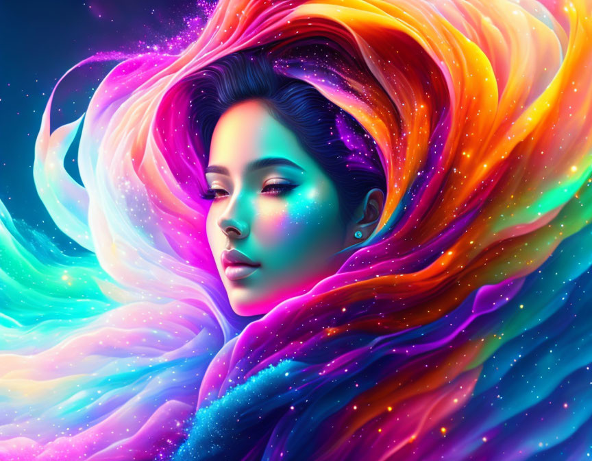 Vibrant digital artwork: Woman with colorful, flowing hair on dark backdrop