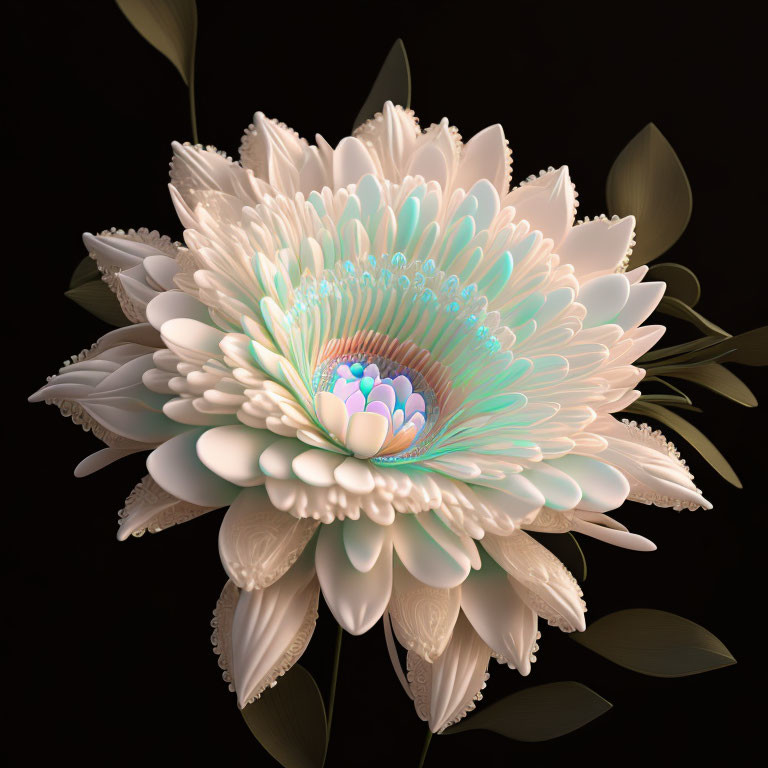 Detailed Fractal Flower Illustration with Cream Petals and Turquoise Accents