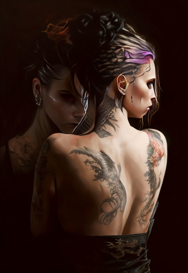 Portrait of a person with elaborate tattoos, somber expression, and unique hairstyle