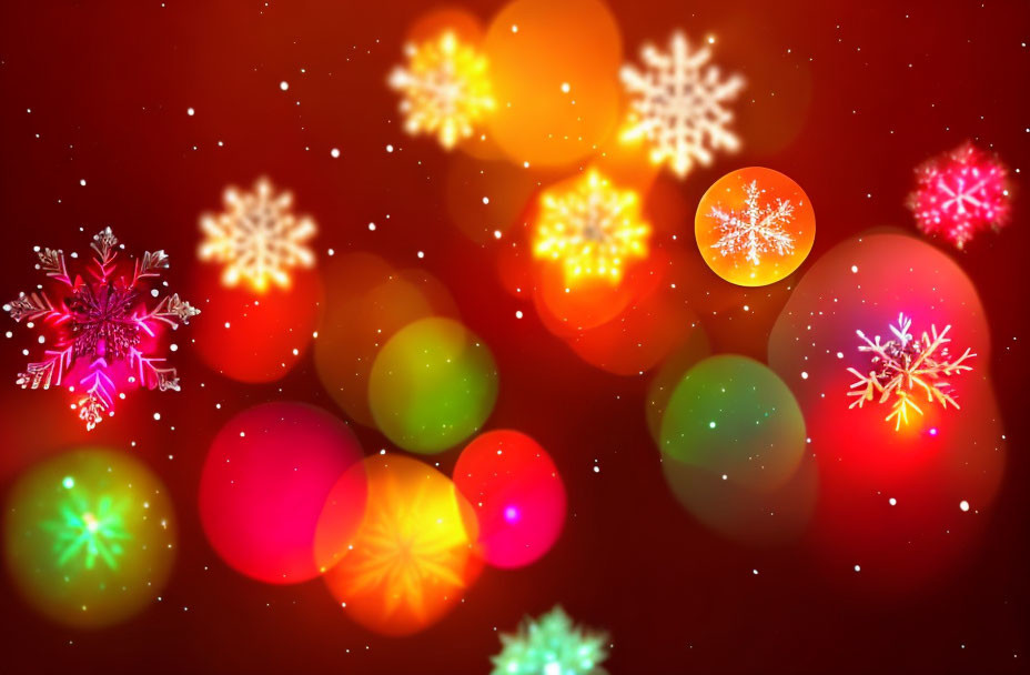 Colorful Blurred Christmas Lights and Snowflakes on Festive Background