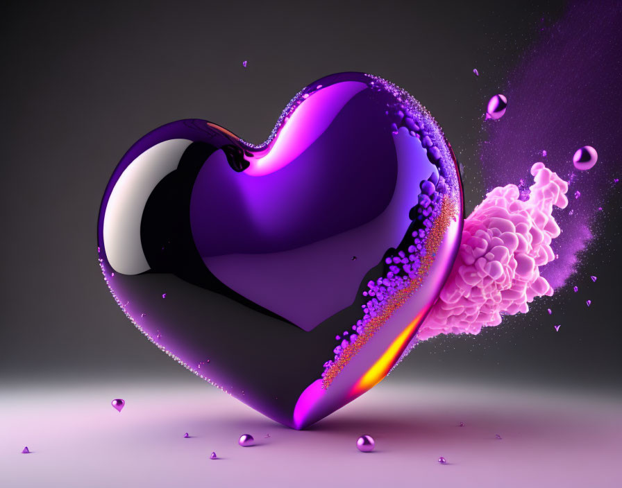 Glossy Heart 3D Rendering with Purple and Pink Fluid Splash