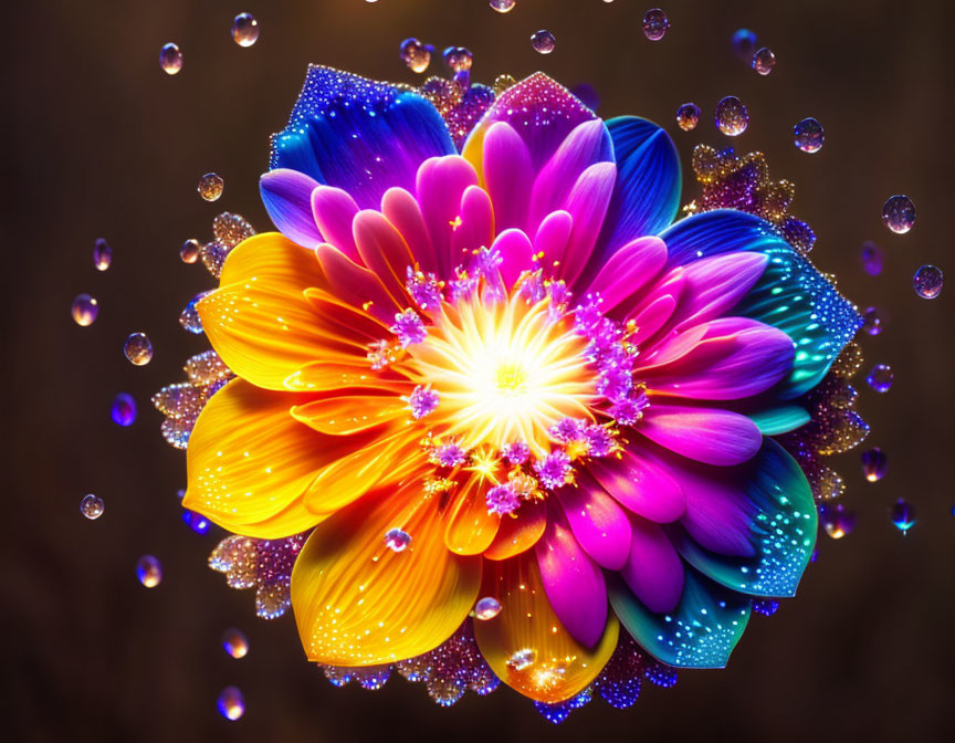 Colorful Glowing Flower with Water Droplets on Warm Background