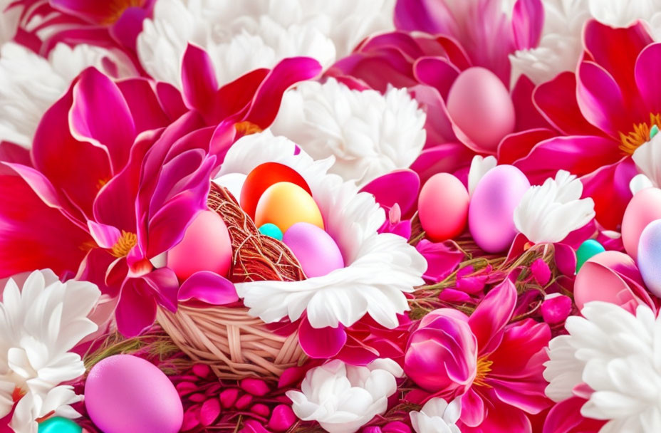 Pink and White Faux Flower Arrangement with Easter Eggs in Wicker Basket