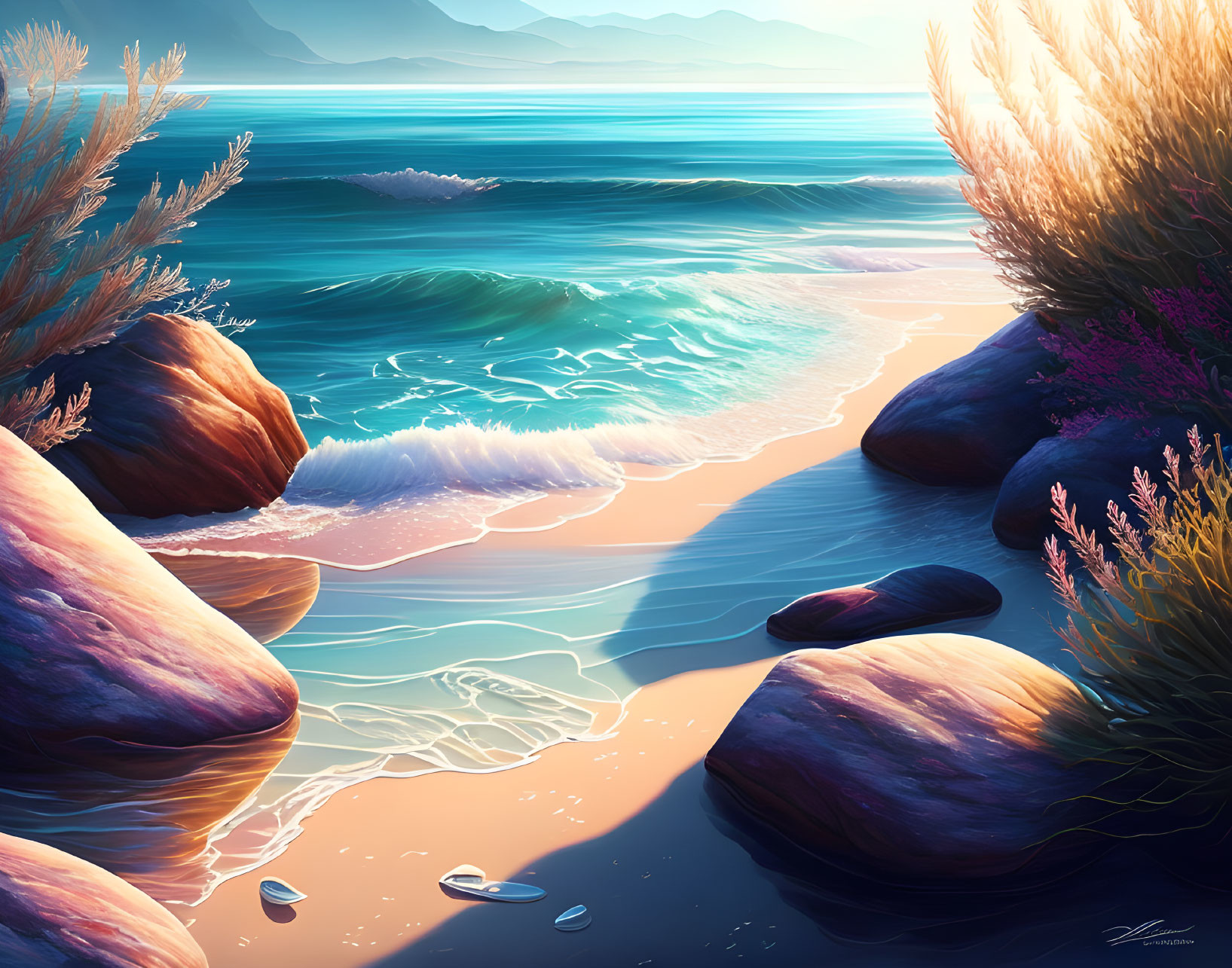 Tranquil Beach Scene with Golden Sands & Colorful Rocks