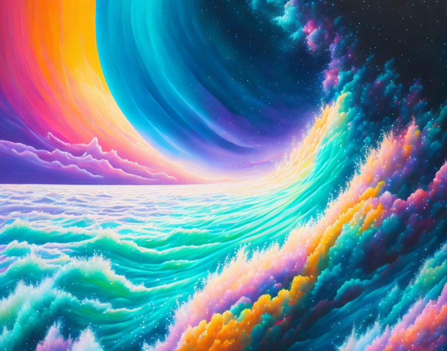 Surreal ocean waves under colorful swirling sky